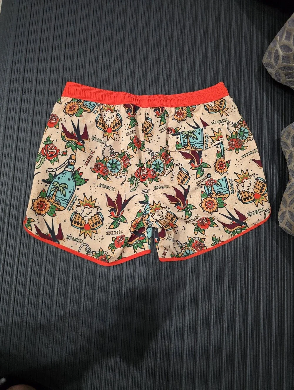 Maamgic Graphic Tattoo Print Artsy Mens Swim Trunks XL Beige Orange Tropical